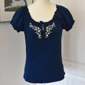American Living Navy Blue Ivory Floral Embroidery Cap Sleeve Drawstring Bow Top